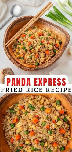 fried rice in a wooden bowl with chopsticks next to it and the title overlay reads panda express fried rice recipe