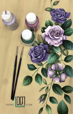 a painting of purple flowers with green leaves and two pens on the table next to it