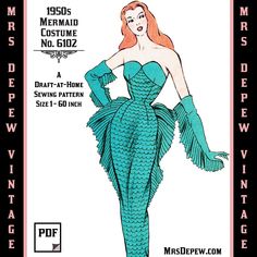 "PLEASE READ THE FULL DESCRIPTION BEFORE PURCHASE. This is not a standard pattern and some drafting is required. This is a digital draft-at-home pattern drafting template and scale ruler set to make a stunning French costume outfit from the 1950s. The mermaid costume is composed of a fitted gown with pleated side fins and a pleated \"tail\" at the hem. The pattern also includes the fins that can be stitched to gloves if you so desire. (We have included a free copy of our glove pattern so that you have everything you might need!).  The gown doesn't necessarily have to be sewn as a costume either! Just leave off the fins and you have a stunning, fitted evening gown! Replace the bottom fins with a tulle ruffle and you have a completely different dress! Fabric: this pattern requires approximat 1950s Costume, French Costume, Mermaid Siren, Glove Pattern, French Pattern, Pattern Template, Couture Mode, Mermaid Costume, Different Dresses