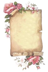 an old paper with pink flowers on it and a scroll in the middle that says,