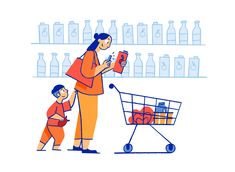 a woman and child are shopping in a grocery store with bottles on the shelves behind them