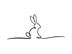 a black and white drawing of a rabbit sitting on the ground with its head down