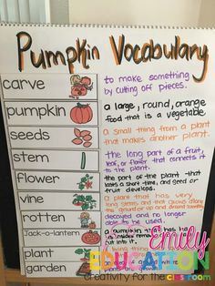 a pumpkin vocaculaary poster on the wall in front of a classroom door