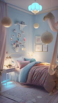 a bedroom decorated in pastel colors with pink and blue bedding, hanging lights and pictures on the wall