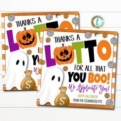 two halloween cards with pumpkins and money bags