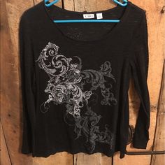 Dressy Burnout Sheer Long Sleeve Top. Euc Never Worn. Grunge Long Sleeve Tops With Screen Print, Long Sleeve Grunge Tops With Skull Print, Grunge Long Sleeve Stretch T-shirt, Grunge Long Sleeve Halloween T-shirt, Gothic Long Sleeve Sheer Top, Sheer Long Sleeve Top, Dark Outfits, Hat Hairstyles, Fancy Dresses