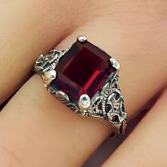 Vintage Vivid Red Simulated Garnet In 925 Solid Sterling Silver Solitaire Filigree Ring. Stamped 925. Excellent Condition, Satisfaction Guaranteed! Sterling Silver Ruby Ring For Formal Occasions, Victorian Filigree Ring In Red As Gift, Sterling Silver Filigree Ring For Formal Occasions, Classic Red Ruby Ring With Filigree, Victorian Style Filigree Ring In Red, Victorian Style Red Filigree Ring Gift, Red Filigree Ruby Ring For Gift, Elegant Ruby Ring Stamped 925, Red Sterling Silver Rings With Intricate Design