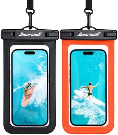 two waterproof cases with one holding a surfboard and the other carrying a phone