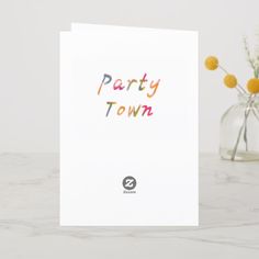 a card with the words party town written on it