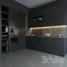 an empty kitchen with black cabinets and white counter tops is lit up by lights on the wall