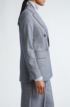 A tonal herringbone weave brings subtle texture and pattern to this stretch-kissed wool blazer tailored in Italy in a double-breasted silhouette flanked with peaked lapels. Double-breasted button closure Peaked lapels Four-button cuffs Chest welt pocket; front flap pockets Lined 98% wool, 2% elastane Dry clean Made in Italy Designer Clothing Elegant Herringbone Blazer With Lapel Collar, Elegant Blazer With Herringbone Pattern And Lapel Collar, Elegant Semi-formal Herringbone Blazer, Fitted Herringbone Blazer For Business Casual, Fitted Blazer With Herringbone Pattern For Work, Fitted Elegant Blazer With Herringbone Pattern, Elegant Fitted Blazer With Herringbone Pattern, Elegant Herringbone Pattern Blazer With Suit Collar, Elegant Blazer With Herringbone Pattern And Notch Lapel