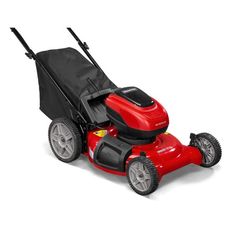 a red lawn mower sitting on top of a white surface