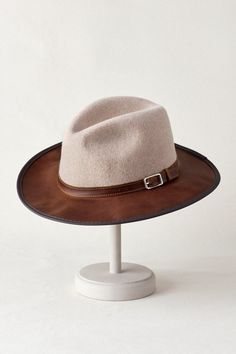 Pinnacle Wool Felt and Leather Safari Hat Winter Wool Beige Hat Band, Winter Beige Wool Hat Band, Artisan Brimmed Felt Hat For Winter, Beige Brimmed Felt Hat For Outdoor, Artisan Brown Hat Bands For Winter, Outdoor Brown Felt Fedora, Brown Felt Hat For Outdoor, Artisan Brown Hat Bands For Fall, Brown Felt Hat For Winter Ranch Wear