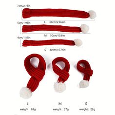 three different types of red and white knitted scarves with pom - poms