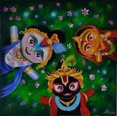 an oil painting of three people with masks on their faces and body, surrounded by flowers