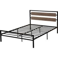 a metal bed frame with wooden slats and headboard on an isolated white background