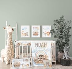 a baby's room with giraffes and other toys