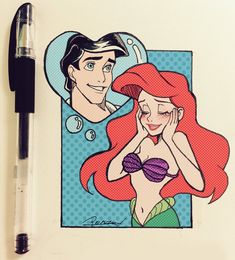 a drawing of ariel from the little mermaid is shown next to a pen and marker