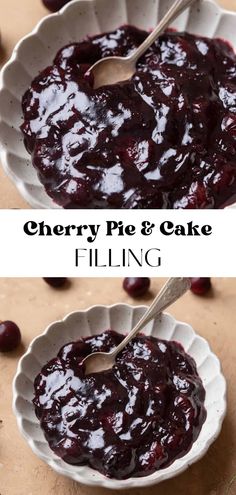 cherry pie and cake filling in a white bowl with a spoon on the side, before and after it is finished