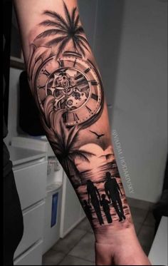 a man with a clock and palm tree tattoo on his arm is shown in this photo