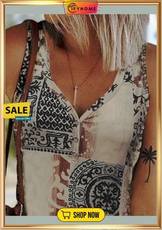 Ethnic Sleeveless Buttoned V Neck Casual Tanks Bohemian Printed Tank Top, Bohemian Printed Tank Top For The Beach, Bohemian V-neck Tank Top For Beach Season, Bohemian Printed Tank Top For Vacation, Patterned Printed Tank Top For Beach, Bohemian Tank Top For Beach Season, Patterned Tank Top For Summer Beach, Patterned Tank Top For Beach In Summer, Casual Sleeveless Boho Print Tops