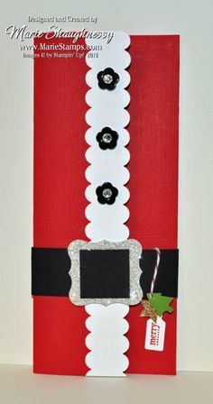 a red and white christmas card with black buttons