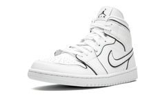 The Women’s Air Jordan 1 Mid “Iridescent Outline” is a women’s-exclusive edition of the mid-top Jordan 1 with a unique "outlined" construction.  The upper is composed of a white leather base and features detailing in the form of a perforated toe, embossed tonal Wings logo on the collar and Swoosh on the mid-panel.  Iridescent trimming is seen around each panel in a reflective material that changes color when hit with light.  The rest of the women's-exclusive Air Jordan 1 Mid, including the tongu Womens Air Jordan 1, Womens Air Jordan, Wmns Air Jordan 1, Vapour Max Nike, Nike Sacai, Shoes Retro, Womens Air Jordans, Wings Logo, Air Jordan 6