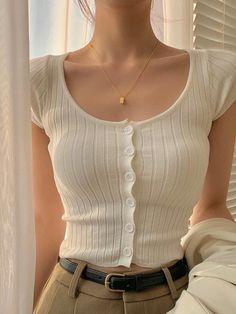 Cardigan De Tricô Com Botões Frontais E Gola Alta Bege Casual  Manga Curta Lã penteada Simples  Elasticidade Média  Women Clothing, size features are:Bust: ,Length: ,Sleeve Length: Rib Knit Cardigan, Knitting Women Cardigan, Causual Outfits, Mode Inspo, Feminine Outfit, 가을 패션, Casual Style Outfits, Teen Fashion Outfits, Knitwear Women