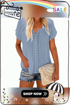 Light Blue Hollow Out V Neckline Short Sleeve Top V Neckline, Top Women, Women Tops, Short Sleeve Top, Short Sleeves Tops, Sleeve Top, Light Blue, Women's Top, T Shirt