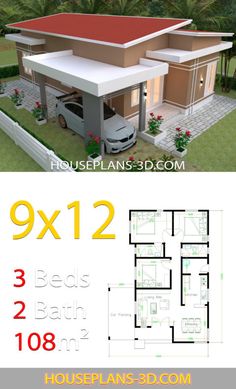 two story house plan with 3 beds and 2 bathrooms in the front, one bedroom on the