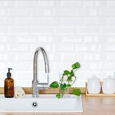 a white sink sitting under a faucet next to a green plant and soap dispenser