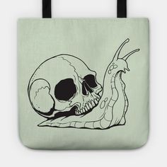 a black and white drawing of a snail on a green tote bag with a skull in the middle