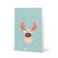 a card with a reindeer wearing mittens on it's head and stars in the background