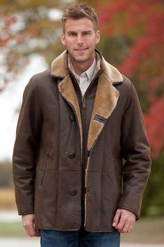 Men's Carter Shearling Sheepskin Coat by Overland Sheepskin Co. (style 12523) Luxury Men's Wool Coat For Cold Weather, Luxury Men's Winter Outerwear, Luxury Medium Wash Men's Outerwear, Luxury Men's Shearling Leather Jacket, Luxury Fall Outerwear For Gentlemen, Luxury Gentleman's Fall Outerwear, Luxury Men's Wool Coat For Workwear, Luxury Masculine Outerwear For Fall, Sheepskin Coat Mens