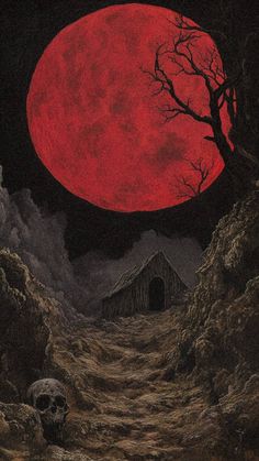 a painting of a red full moon over a dark landscape with a skull in the foreground