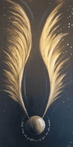 an artistic painting with white and gold feathers on a black background that has stars in the sky