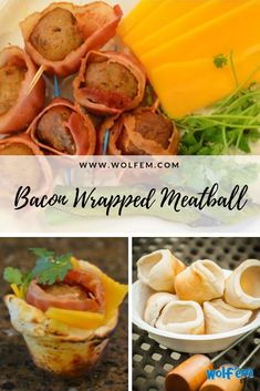 bacon wrapped meatball rolls with cheese and vegetables on the side, and an image of hotdogs