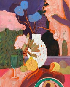 an abstract painting of flowers and fruit on a table with wine glasses, plates and utensils