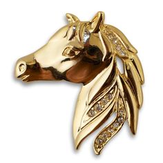 Equestrian Elegance: Gold Plated Horse Brooch Adorned with Crystals in Gold color,  shape Horse Brooch, Native Artwork, Tina Belcher, Golden Horse, Equestrian Helmet, Horse Accessories, Buying Gold, Horse Jewelry, Gold Tips