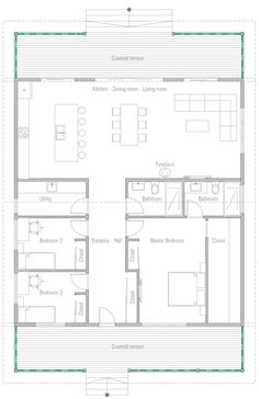 the floor plan for a small house with two living areas and one bedroom on each side