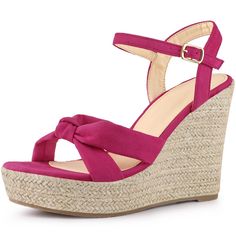 A jute-wrapped wedge heel brings warm-weather goodness to a breezy sandal secured with an adjustable ankle strap. Smooth suede straps lend appeal to an espadrille-inspired sandal set on a jute-wrapped platform and lofty wedge heels. Pair it with a skirt or jeans to make your summer outfit more colorful and eye-catching. Hot Pink Wedges, Pink Wedge Heels, Pink Platform Sandals, Pink Wedges, Lace Up Espadrilles, Women's Espadrilles, Espadrilles Platform, Ankle Strap Wedges, Platform Espadrilles