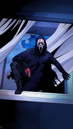 a person in a black hoodie standing on a window sill