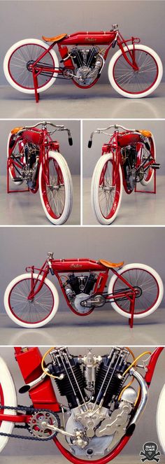 four different views of a red and white motorcycle with spokes on the front wheel