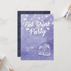 a purple and white wedding card with mason jars on the front, eat drink and party