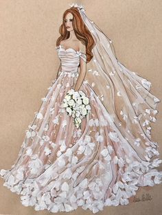 a drawing of a woman in a wedding dress with flowers on the skirt and veil