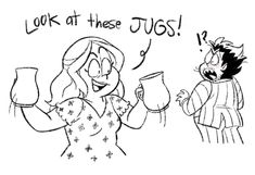 a cartoon drawing of a woman holding a cup next to a man with an angry look on his face