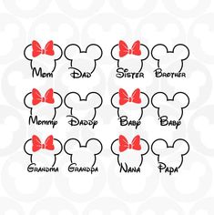 mickey mouse ears with red bows and the words mom, dad, baby, mama