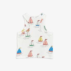 White tank top with an all over Sailing Boats print, made from 100 % GOTS certified organic cotton. Crew Neck Graphic Print Top For Sailing, Kids Tank Top, Sail Color Nautical T-shirt With Graphic Print, Casual Graphic Print T-shirt For Sailing, Cotton Graphic Print T-shirt For Sailing, Nautical Cotton T-shirt For Sailing, Stylish Kids Outfits, Kids Tank Tops, Boat Print