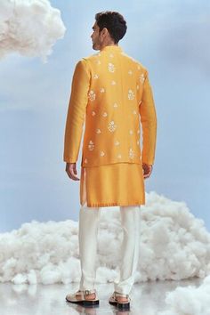 Mango spun silk bundi with floral embroidery. Paired with an inner kurta and pant. - Aza Fashions Kurta Set Men, Nehru Jacket, Nehru Jackets, Silk Embroidery, Kurta Set, Full Sleeves, Pants Pattern, Yellow Floral, Aza Fashion