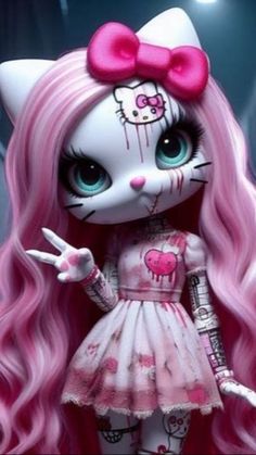 a cat doll with pink hair and big eyes